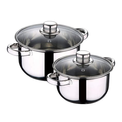 Juego Batería Cocina 2 Cacerolas Acero Inox con Tapa Vidrio Plateado