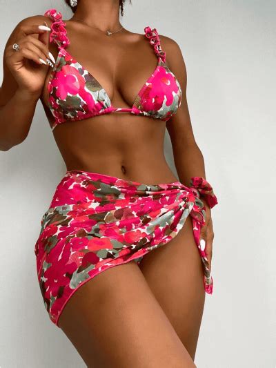 3 piezas Bañador bikini con estampado de flor con falda cover up