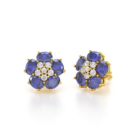 Boucles D Oreilles ADEN Or 585 Jaune Tanzanite Fleur Et Diamants 2