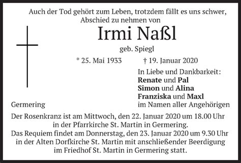 Traueranzeigen von Irmi Naßl trauer merkur de