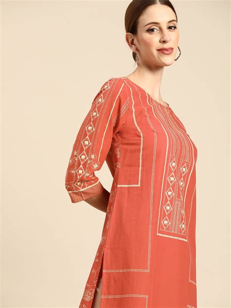 Anouk By Myntra Kurta For Women Round Neck Rust Orange Off White