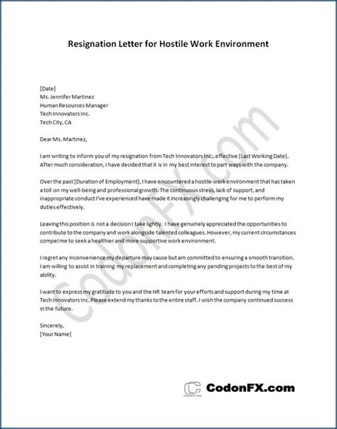 Resignation Letter Template For Hostile Work Environment