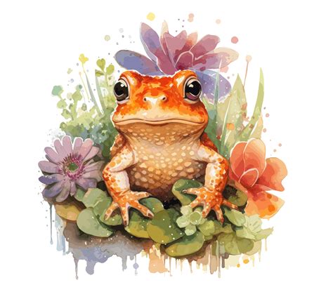 Adorable Baby Frog with Flowers Watercolor. 23657957 PNG