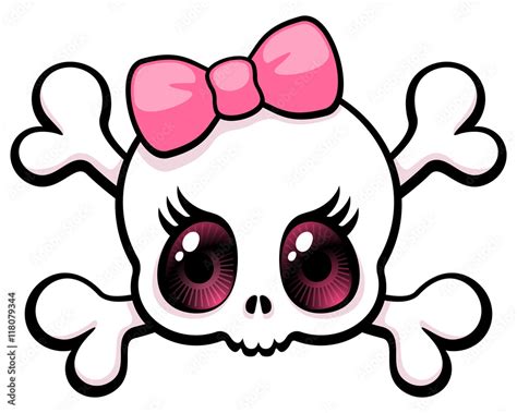 Cute Big Eyed Girl Skull With A Pink Bow Vector Illustration Stock