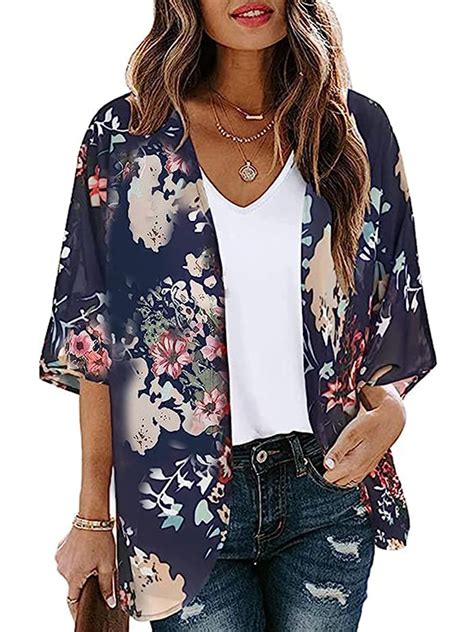 Chunoy Women Floral Print Lightweight Chiffon Kimono Cardigan Short