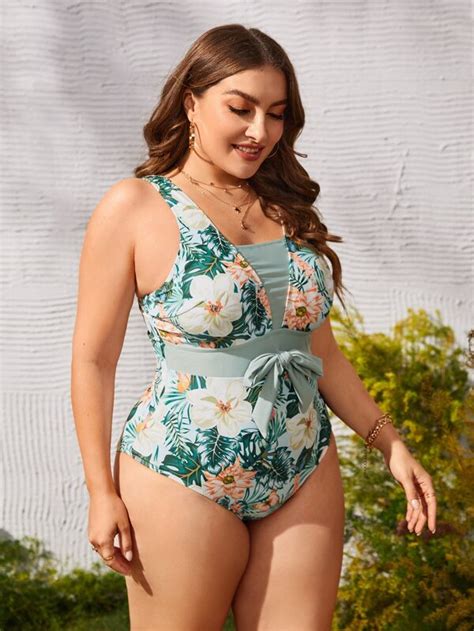 Shein Swim Classy Plus Tropical Print Bow Front One Piece Swimsuit