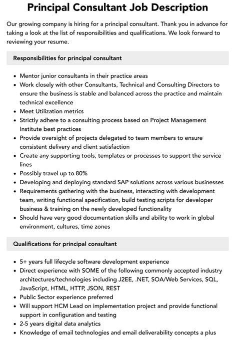 Principal Consultant Job Description Velvet Jobs