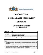 SBA WRITTEN REPORT QP Pdf ACCOUNTING SCHOOL BASED ASSESSMENT GRADE 12