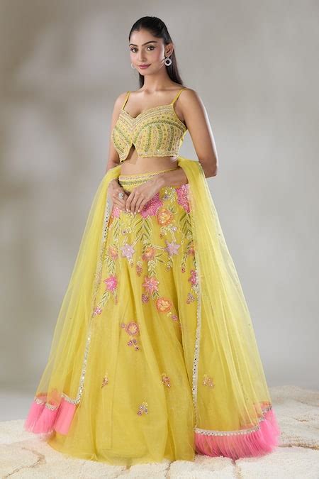 Buy Yellow Organza Embroidery Sequin Sweetheart Neck Floral Lehenga Set