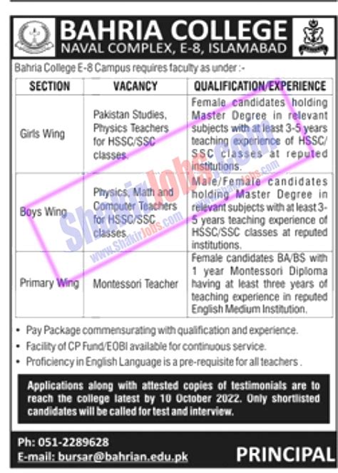 Bahria College E 8 Campus Islamabad Jobs 2022 Teaching Staff