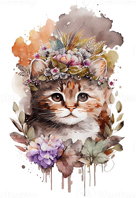 Aquarell S Hand Gezeichnet Katze K Tzchen Im Blumen Kranz Blumen