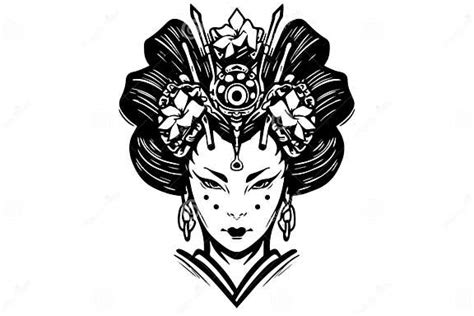 Traditional Japanese Geisha In A Kimono Portrait In Engraved Style