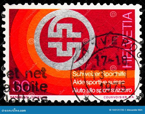 Postage Stamp Printed In Switzerland Shows Badge Of Swiss Sport Aid