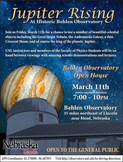 Behlen Observatory Open House March 11 Announce University Of