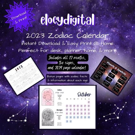 2023 Zodiac Calendar | Includes 2024 Year Calendar Page | Star Signs | Digital Download | Easy ...