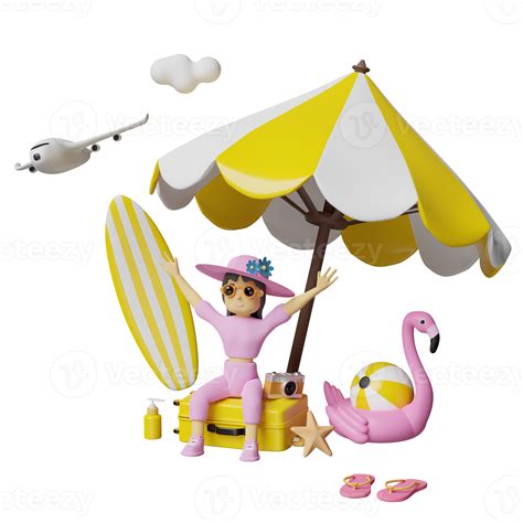 Summer Travel With Woman Sitting On Yellow Suitcase And Surfboard Umbrella Inflatable Flamingo