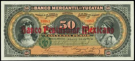 Mexico 50 Pesos Banknote 1904 Banco Mercantil De Yucatanworld