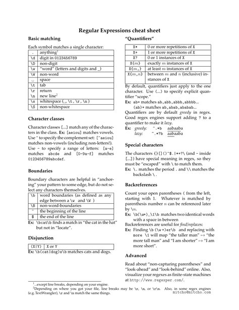 Regular Expressions Cheat Sheet Download Printable Pdf Templateroller