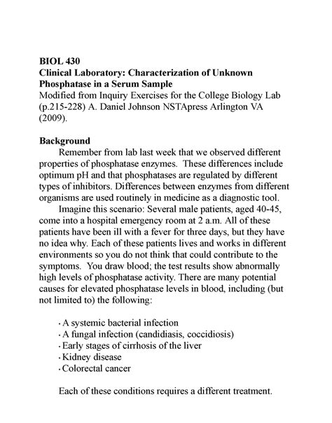 Lab 2 W22 Phosphatase Clinical Lab BIOL 430 Clinical Laboratory