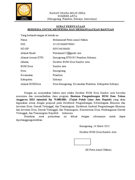 Surat Pernyataan Bersedia Untuk Menerima Dan Memanfaatkan Bantuan Pdf