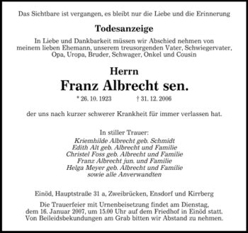 Traueranzeigen Von Franz Albrecht Saarbruecker Zeitung Trauer De