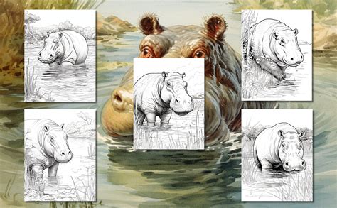 20 Happy Hippos Coloring Book Coloring Pages Grayscale Coloring Instant Download High