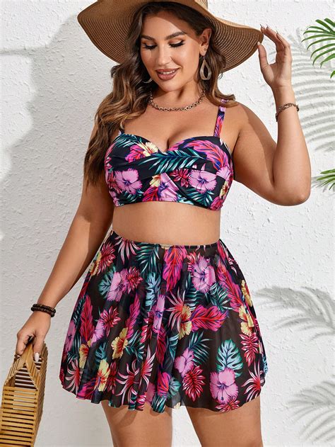 Shein Swim Vcay Ba Ador Bikini Push Up Con Estampado Tropical Con Falda