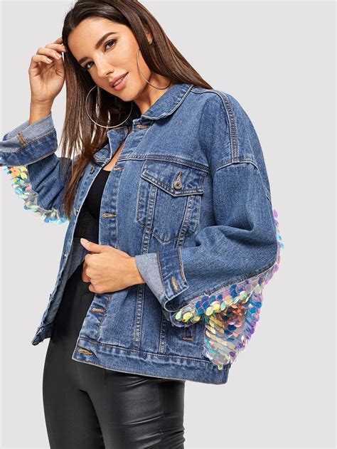 Sequin Contrast Drop Shoulder Denim Jacket Denim Jacket Jackets Fashion