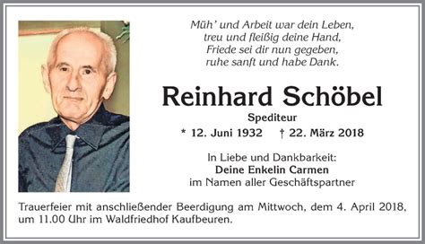 Traueranzeigen von Reinhard Schöbel Augsburger Allgemeine Zeitung