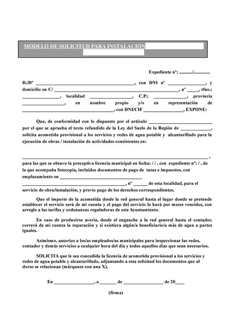Modelo De Solicitud Para Instalacion De Agua MODELO DE SOLICITUD PARA