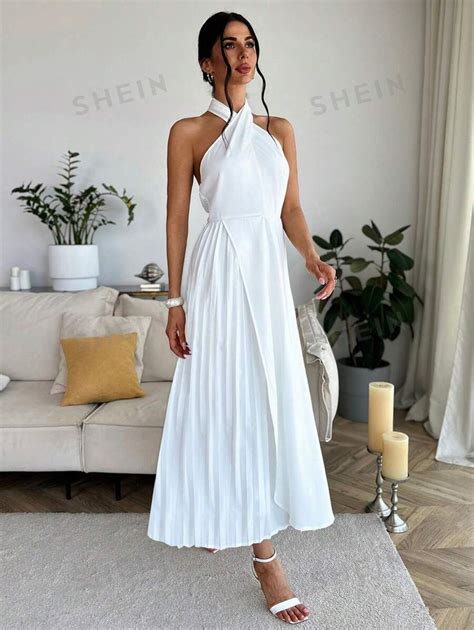 Shein Privé Womens Plain White Pleated Halter Neck A Line Cinched Waist Elegant Dress For