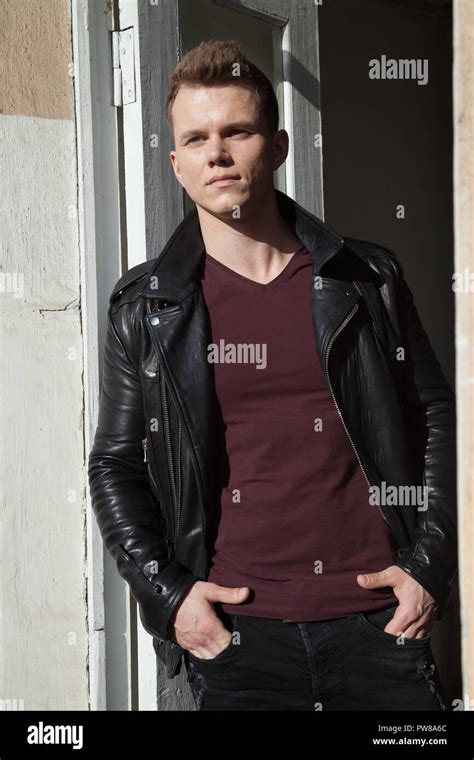 Fashion Portrait Of A Man In Black Fancy Leather Jacket Stock Photo Alamy