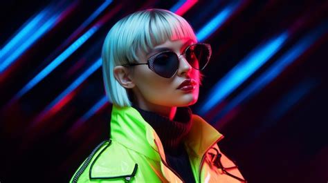 Premium Ai Image A Beautiful Woman Stands In Front Of A Neon Wall On