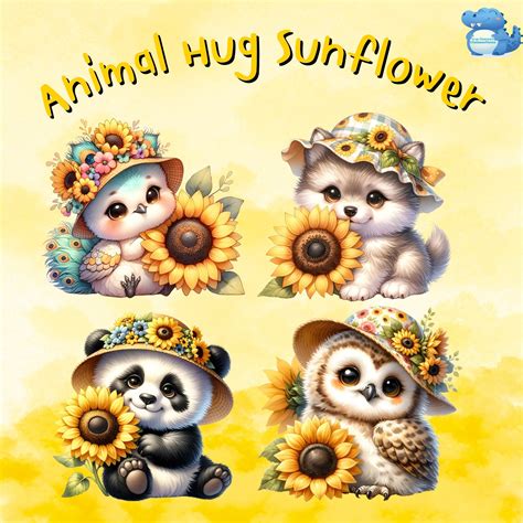 Cute Baby Animal Hugging Sunflower Clipart, 28 High-quality Images ...