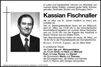 Traueranzeigen Von Kassian Fischnaller Trauer Bz