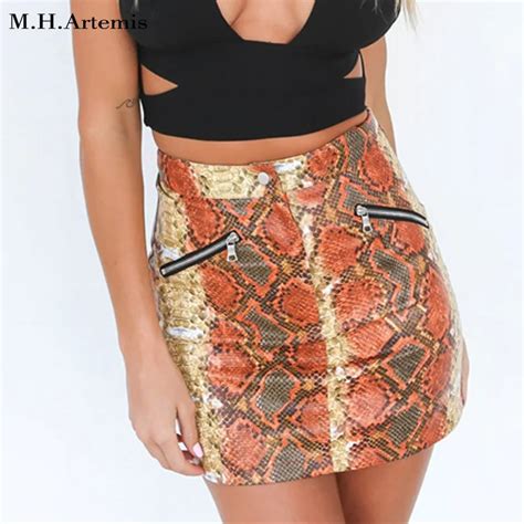 M H Artemis Fake Snakeskin PU Classic Mini Skirt Women Zipper Skinny