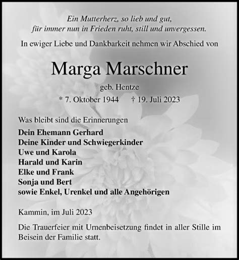 Traueranzeigen Von Marga Marschner Trauer Anzeigen De