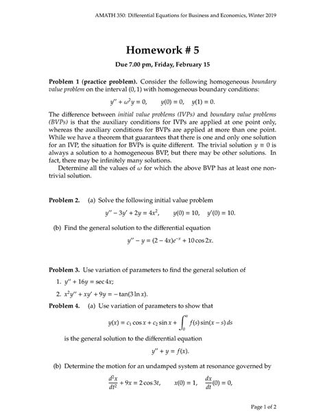 Hw05 Past Assignment Hw05 AMATH 350 Differential Equations For