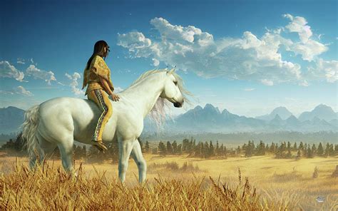 Native American Woman Riding A White Mustang By Daniel Eskridge