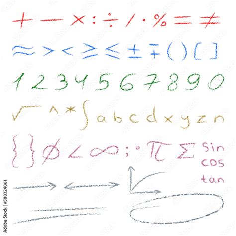 Hand drawn math symbols. Numbers, signs, letters, algebra and geometry ...