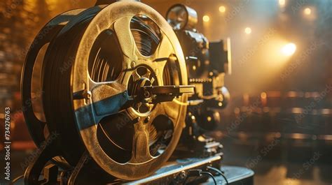 Vintage Film Reel And Projector Bask In Soft Light Casting Shadows On