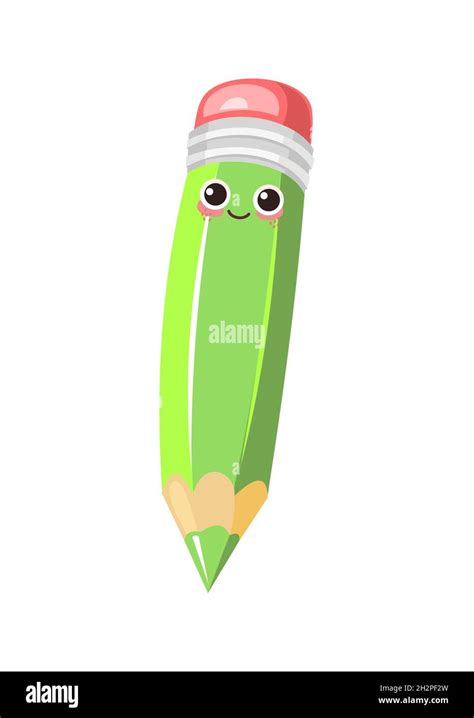 Green Pencil With Eraser Cheerful Cute Cartoon Character The Object