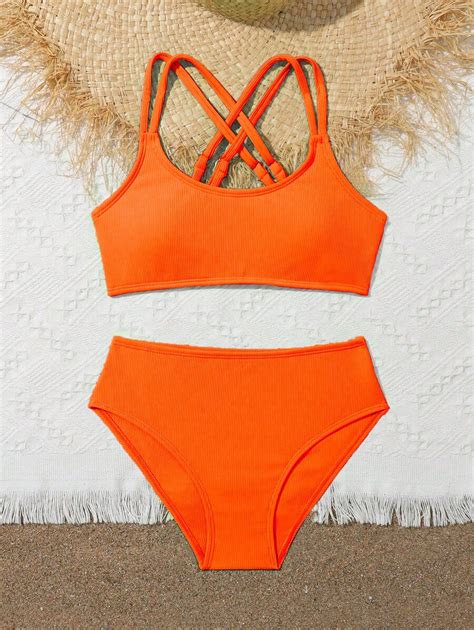 Shein Tween Girl Criss Cross Back Ribbed Bikini Set Summer Beach