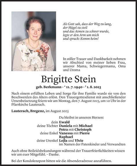 Todesanzeigen Von Brigitte Stein Todesanzeigen Vorarlberger Nachrichten