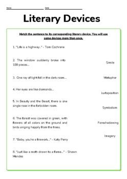 Literary Devices for ESL Worksheet & Answer Key by English Lit for ESL ...