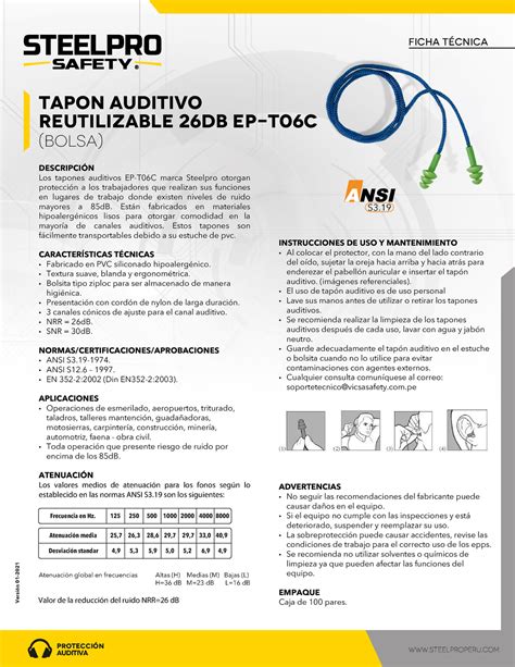 001 Tapon EP T06C Bolsa Steelpro TAPON AUDITIVO REUTILIZABLE 26dB EP