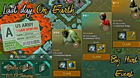 Big Hunt Event Bunker Code For 16 17 January And How To Get Bunker Card Last Day On Earth