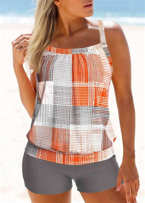 Rotita Criss Cross Orange Geometric Print Mid Waisted Tankini Set