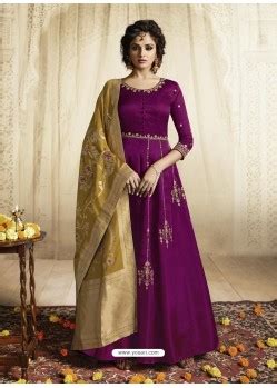 Buy Purple Satin Linen Thread Embroidered Designer Anarkali Suit