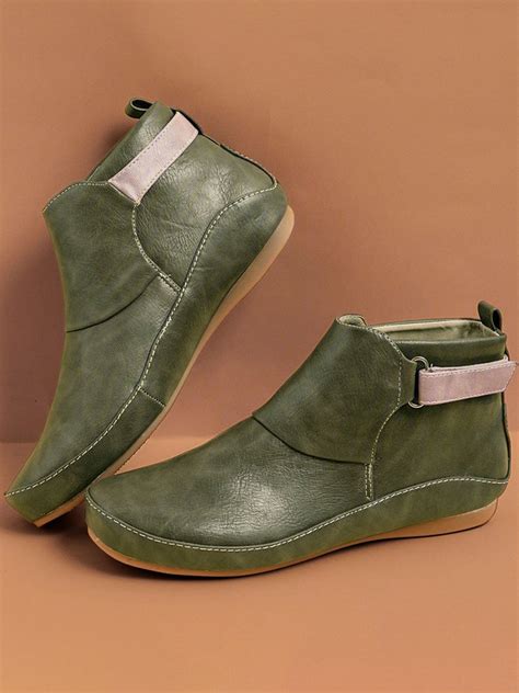 Women Casual Green Daily Adjustable Soft Leather Booties Noracora